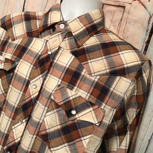 Vintage Stage 2 II Brand Pearl Snap Western Plaid Brown Shirt Sz 15.5 / 34